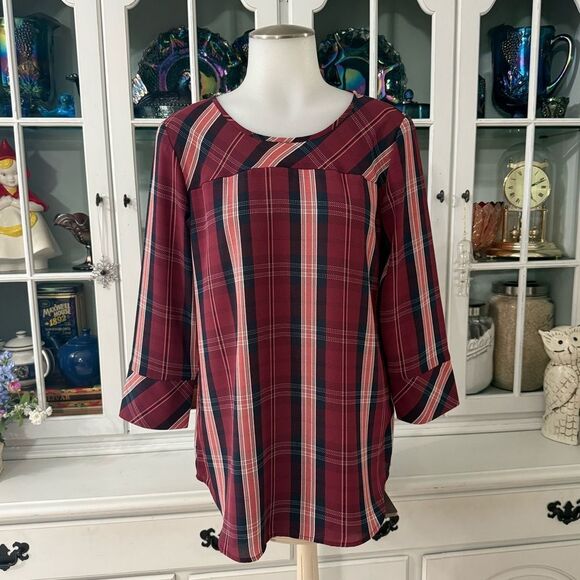 Van Heusen Plaid Blouse 3/4 Sleeve Relaxed Fit Sz XS - Picture 1 of 9